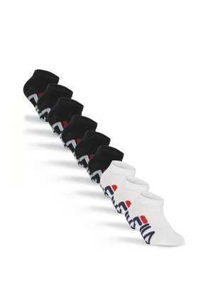 Sechs Paar niedrig geschnittene Socken, diagonal angeordnet, drei schwarze und drei weiße Paare, jeweils mit einem markanten farbigen Logo an der Seite.