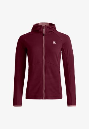 Maroon zip-up hooded jacket with long sleeves, subtle texture, side pockets, and a small white logo on the left chest.