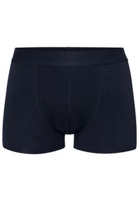 Navy blue boxer briefs made from soft, stretchy fabric. Features a seamless waistband and a front pouch for support. Smooth texture and fitted shape.