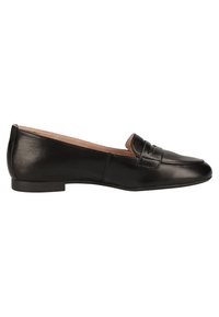 Schwarze Lederloafer mit flacher Sohle, ausgestattet mit einem gesteppten Riemendesign über dem Rist und einem glatten, polierten Finish.