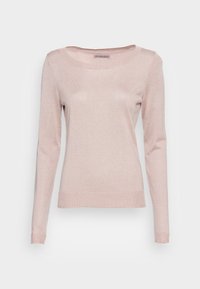 Pull en tricot rose pâle à manches longues, avec un col rond et une coupe ajustée.