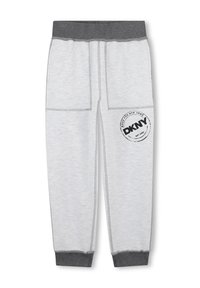Gray sweatpants with lighter gray fabric, featuring two large side pockets and a round DKNY logo on the right leg. Elastic waistband.