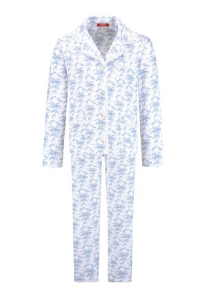 White pajama set with light blue floral pattern, featuring long sleeves, a collared top, button closure, and straight-leg pants.