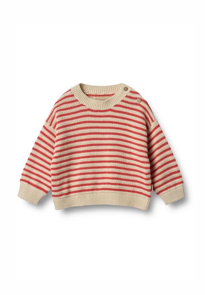Strickpullover in Creme mit roten Streifen, mit Rundhalsausschnitt und zwei Knopfakzenten an der Schulter. Weiche Textur, lässige Passform.