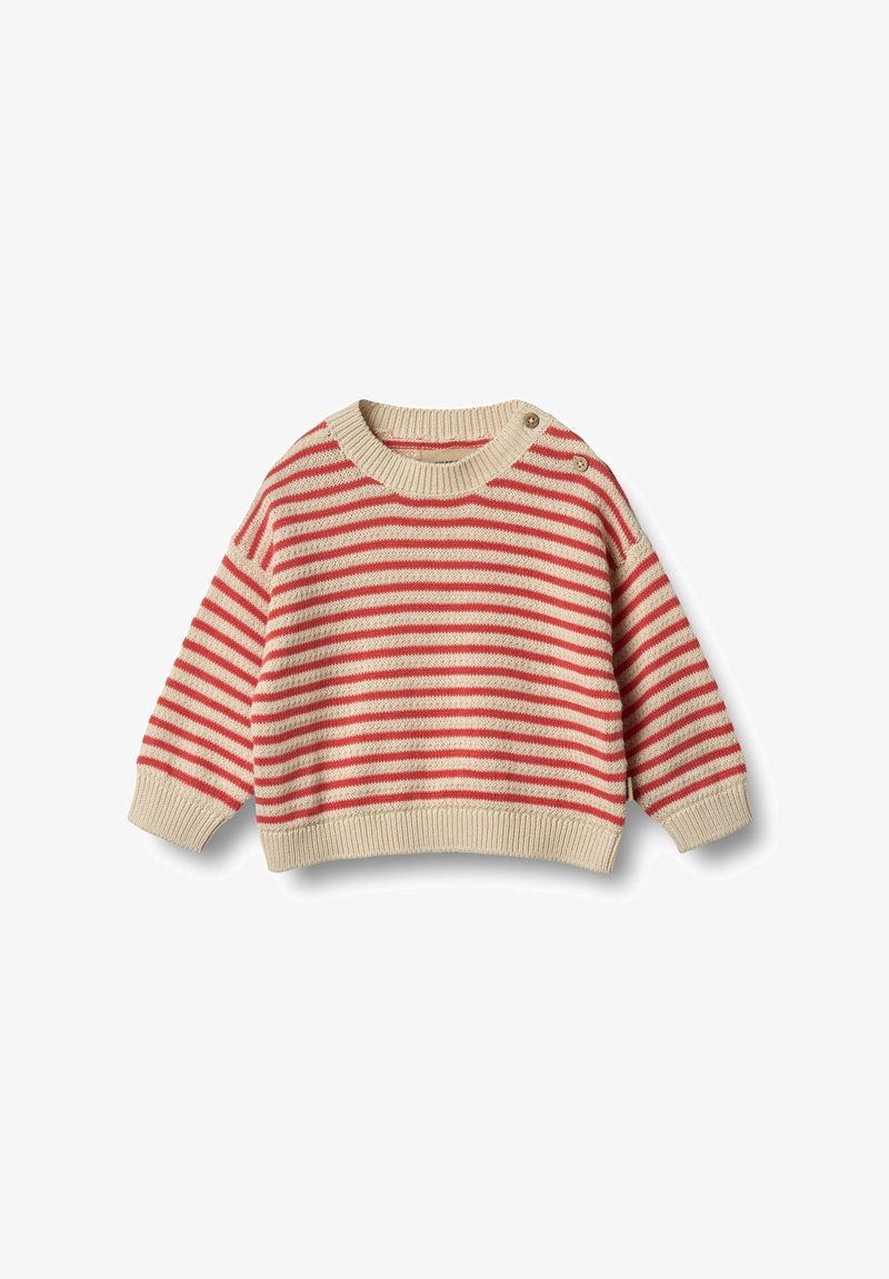 Knitted pullover in cream with red stripes, featuring a round neck and two button accents on the shoulder. Soft texture, relaxed fit.