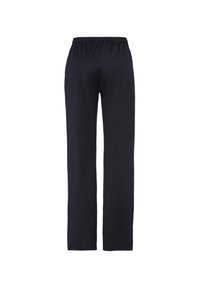 Černé elastické kalhoty s rovnými nohavicemi a hladkou texturou. Žádné viditelné vzory nebo ozdoby; jednoduchý design vhodný pro běžné nošení.