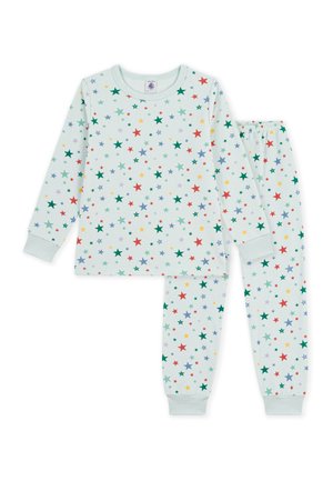 Kinder-Longsleeve-Pyjama-Set mit mehrfarbigem Sternenmuster auf hellem Hintergrund, elastischem Bund sowie Bündchen an Ärmeln und Hosen.