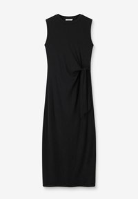 Robe noire sans manches en tissu côtelé. Présente un détail noué à la taille et une silhouette droite. Design mi-long.
