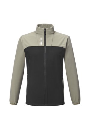 Veste softshell noire et gris clair. Dotée d'un haut col, d'un zip avant complet et de poignets élastiques. Logo sur la poitrine et l'épaule.