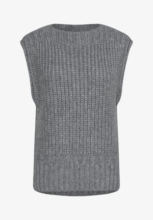 Sivi pleteni bezrukavni pulover s rebrastom teksturom, okruglim izrezom i ravnim krojem. Ima deblju rebrastu traku na donjem rubu.