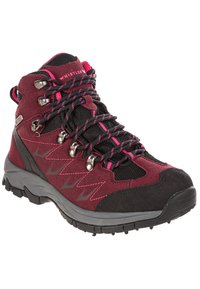 Maroon and black hiking boot with textile and rubber materials, featuring pink accents, metal eyelets, and a rugged outsole for traction.
