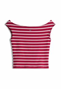 Top off-shoulder a righe rosse e bianche con maniche corte, realizzato in un tessuto morbido, con un piccolo logo sul petto.