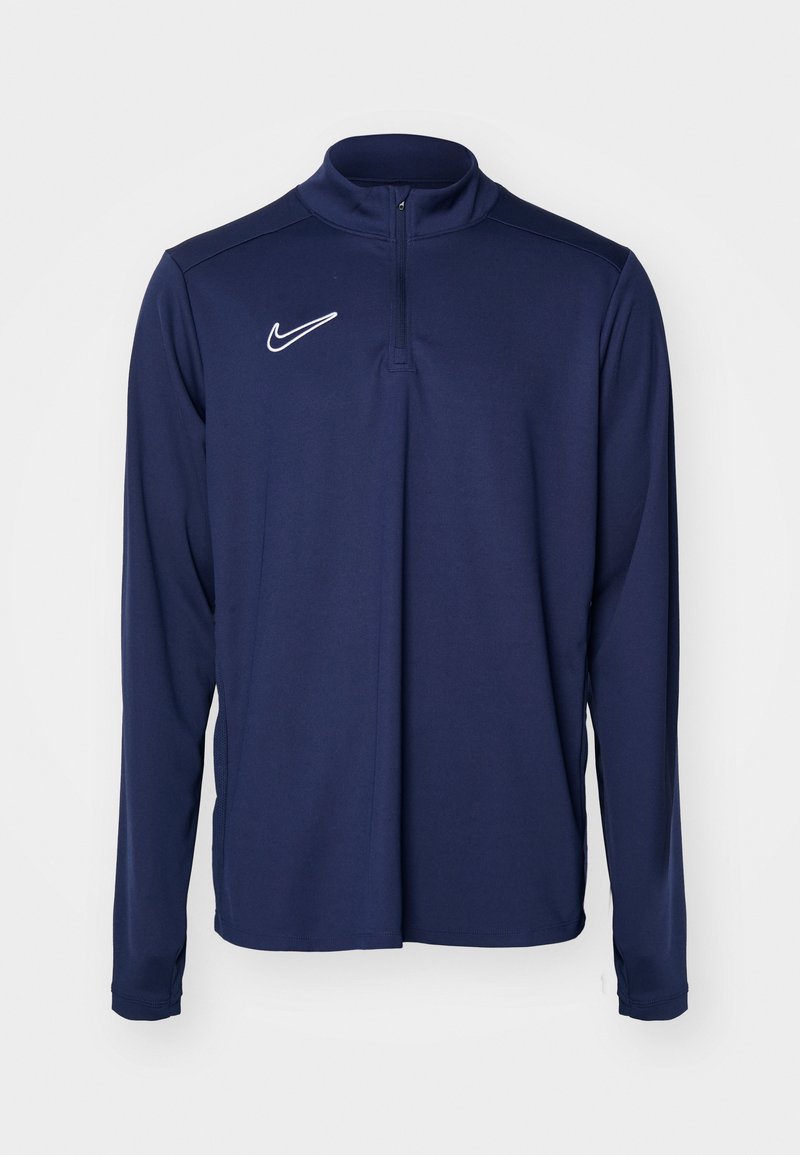 Navy long-sleeve athletic pullover with a half-zip and white Nike logo on the chest, featuring a smooth, lightweight fabric.