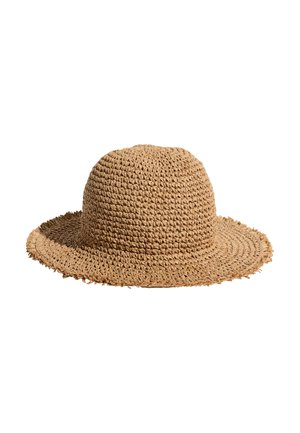 Jasnobrązowy słomkowy kapelusz przeciwsłoneczny z zaokrągloną koroną i lekko postrzępionym szerokim rondem.