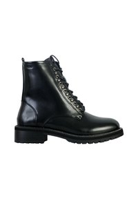 Black leather ankle boot with a round toe, lace-up design, metal eyelets, and a chunky sole. Smooth texture and minimal stitching accents.