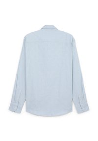 Camicia azzurra a maniche lunghe con un motivo testurizzato. Presenta un colletto, polsini con bottone e un orlo dritto nella parte inferiore.