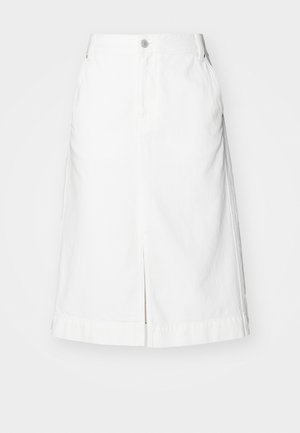 White denim skirt with a straight cut, front slit, and single metal button closure at waistband. Includes side pockets and tailored hem.