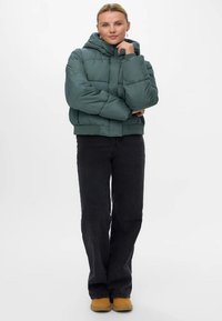 Pasikarpęs, su kapuce pūkuotas švarkas muted žalios spalvos, su siuvinėtu raštu, elastinga juosmens juosta ir pilnu priekinio užtrauktuko uždarymu. derinamas su juodais džinsais ir rudo spalvos batais.