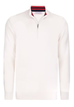 Vit stickad tröja med halvmatchande dragkedja och ribbade detaljer vid kragen, med långt ärmar och en strukturerad tyg.