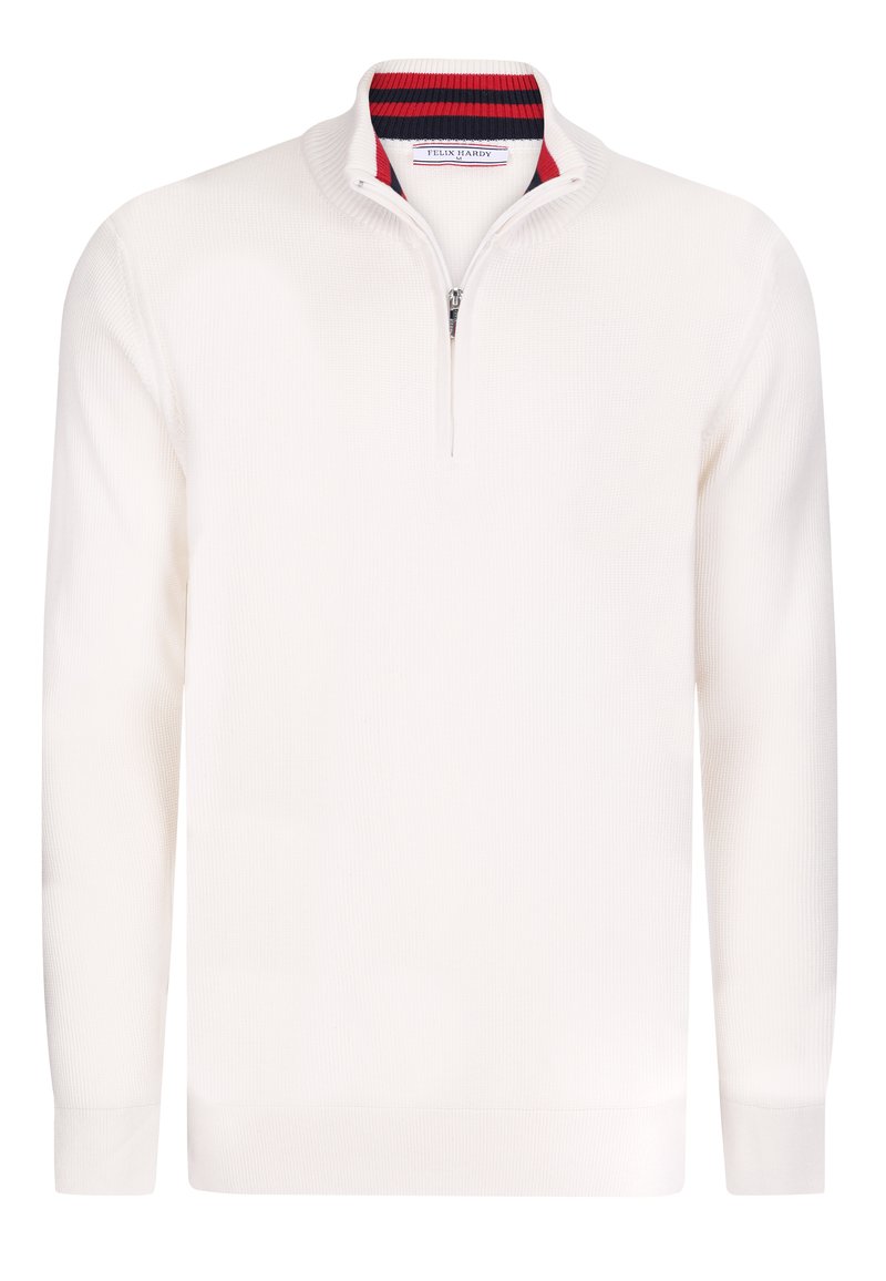 Valge kudumispullovee, millel on pooltõmblukuga kaelus ja soonikkoes detailid kaelas, pikkade varrukatega ja tekstuurse kangaga.