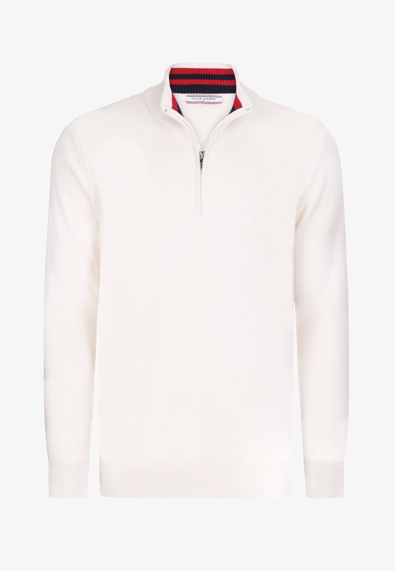 Valge kudumispullovee, millel on pooltõmblukuga kaelus ja soonikkoes detailid kaelas, pikkade varrukatega ja tekstuurse kangaga.