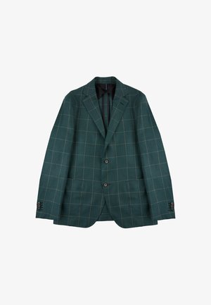 Grüner karierten Blazer aus strukturiertem Stoff, mit zwei Knöpfen, zwei Vorderaschen und abgesetzten Revers mit kontrastierendem Innenfutter.