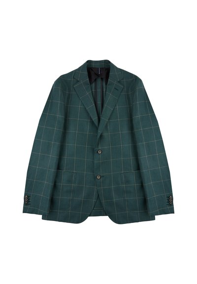 Zielona, kratkowana marynarka z teksturowanej tkaniny, wyposażona w dwa guziki, dwie kieszenie z przodu oraz klapy z wycięciem z kontrastowym wnętrzem.