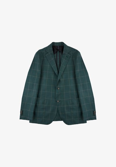 Zielona, kratkowana marynarka z teksturowanej tkaniny, wyposażona w dwa guziki, dwie kieszenie z przodu oraz klapy z wycięciem z kontrastowym wnętrzem.