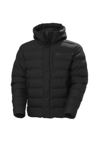 Chaqueta acolchada negra con capucha, con un diseño acolchado, cierre de cremallera y un pequeño logo en el pecho. Material grueso e insulated.