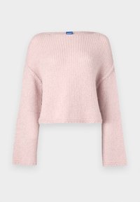 Ροζ πλεκτό πουλόβερ με φαρδιά λαιμόκοψη σε στυλ βαρκούλα, μακριά μανίκια και κομψή κοντή γραμμή. Διαθέτει απαλή υφή και μικρή ετικέτα στον λαιμό.