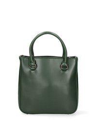 Borsa in finta pelle verde con due manici corti, forma quadrata, texture liscia e dettagli in metallo nei punti di attacco dei manici.