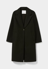 Černý kabát z vlněné směsi s výstřihem do písmene V, zapínáním na jeden knoflík, dvěma předními kapsami a rovně střiženým designem.