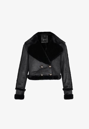Black faux leather cropped jacket with a wide collar, double-breasted design, and faux fur cuffs. Features metallic buttons and a soft texture.