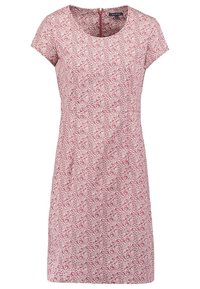 Robe rose à manches courtes avec motif floral abstrait blanc, encolure arrondie et fermeture éclair dissimulée dans le dos.