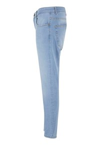 Világoskék, slim fit farmernadrág, közepes derekú, öt zsebbel és finom varrási részletekkel. Simább textúra minta nélkül.