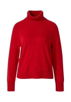 Rode coltrui met geribbeld textuur, voorzien van lange mouwen en een relaxte pasvorm, ontworpen met een hoge kraag en geribde manchetten en zoom.