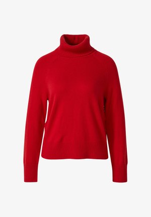 Roter Rollkragenpullover mit gerippter Textur, langen Ärmeln und lockerer Passform, entworfen mit einem hohen Kragen sowie gerippten Bündchen und Saum.