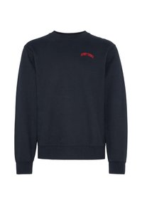 Marine crewneck genser laget av bomull, med ribbede mansjetter, rett nedre kant og rød "HENRY CHOICE" tekst øverst til venstre.