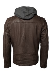 Ruskea nahkatakki harmaalla kangashupulla. Ominaisuuksiin kuuluvat ommellut paneelit, sileä pinta ja nappikoristeet hihoissa.