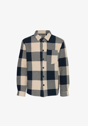 Chemise à boutons avec un grand motif à carreaux bleu marine et crème, fabriquée en tissu texturé, dotée d'une poche poitrine et d'un col standard.