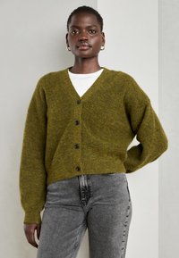 Πράσινο πλεκτό κάρντιγκαν με V-λαιμό, πέντε μαύρα κουμπιά και μακριά μανίκια, συνδυασμένο με λευκό μπλουζάκι και γκρι τζιν. Μαλακή υφή.