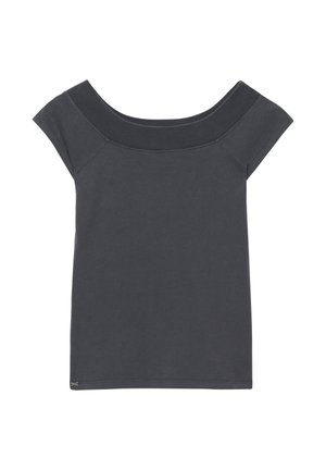 Mørkegrå kortærmet top med bred ribstrikket off-shoulder halsudskæring, lige kant og lille metal logo mærke i nederste kant.