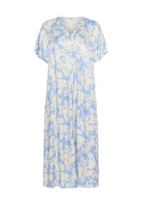 Blå blommig klänning med V-ringning, korta ärmar och knälång fåll. Tillverkad av lättviktig tyg, med vita blommönster.