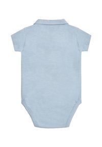 Body azzurro chiaro a maniche corte con colletto polo, realizzato in morbido cotone. Presenta una superficie liscia e chiusure a pressione sul fondo.