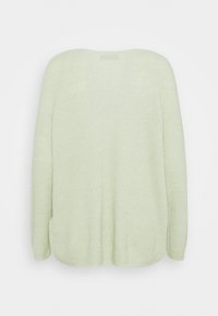 Pull long à manches longues tricoté vert clair avec un col rond et une coupe décontractée, vu de dos sur un fond uni.