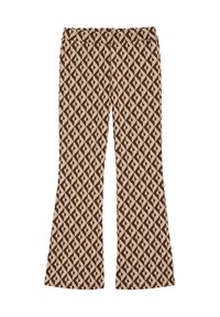 Benvita byxor med ett geometriskt mönster i brunt och ljust beige, tillverkade av ett mjukt material med en slät textur.