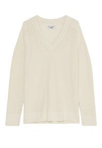 Pull à col en V de couleur crème, fabriqué en tissu à texture côtelée. Comprend des manches longues et une coupe décontractée avec des fentes latérales à l'ourlet.