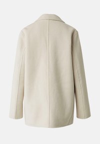 Wollmantel in Cremefarbe mit langen Ärmeln, einfachem Kragen und einer geraden Naht, die die Mitte des Rückens verläuft.