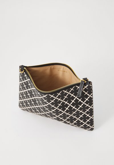 Black and cream patterned pouch with a textured exterior, zip closure, and a smooth beige interior. Features gold-tone zipper hardware.