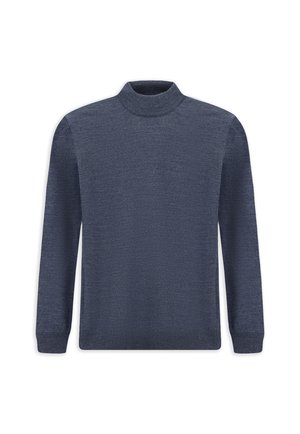 Suéter de cuello alto azul marino, de mangas largas, textura suave, diseño ajustado, con cuello y dobladillo acanalados, fabricado en punto ligero.